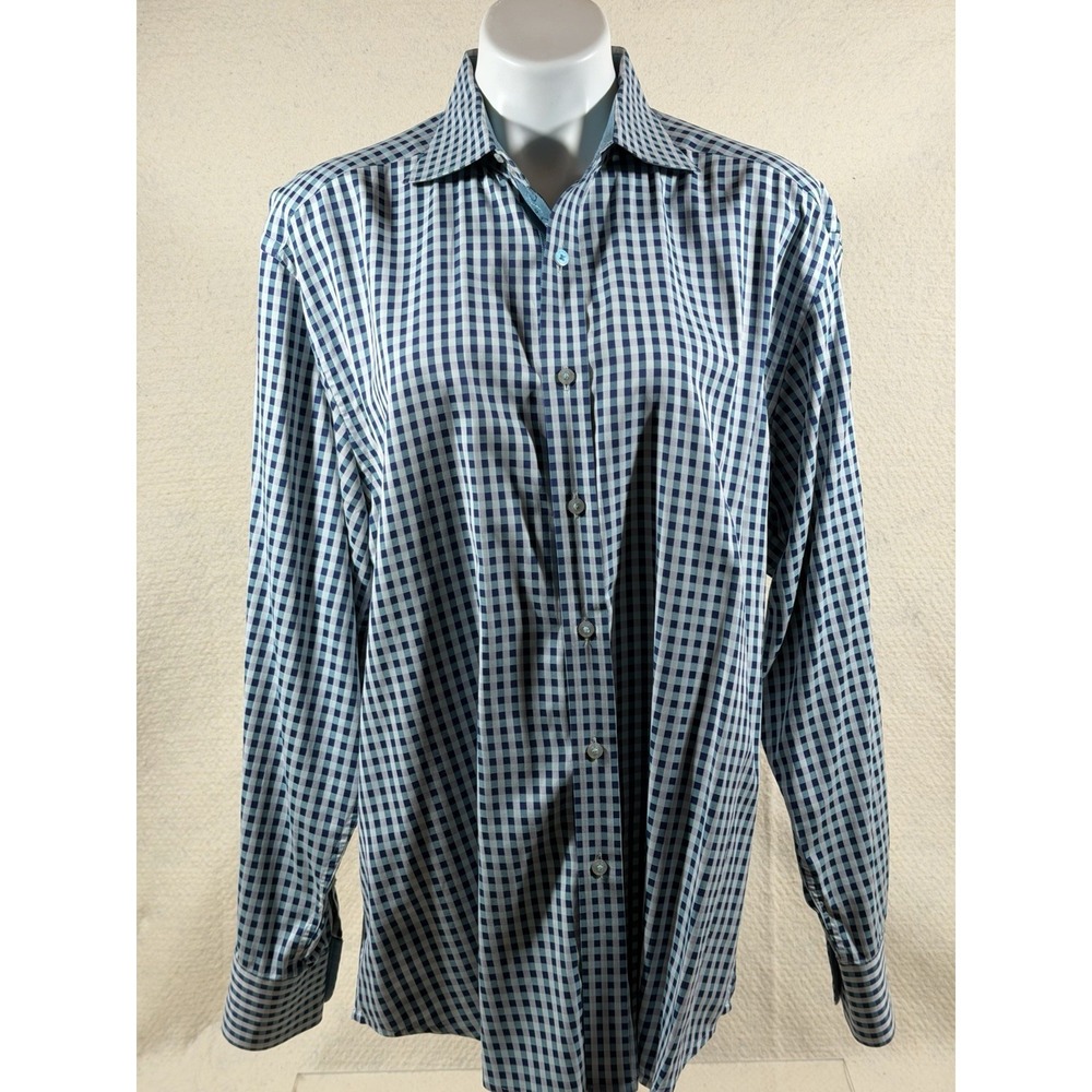 Robert Graham Dress Shirt Mens XL‎ Blue Check Button Front Flip Cuff Luxury